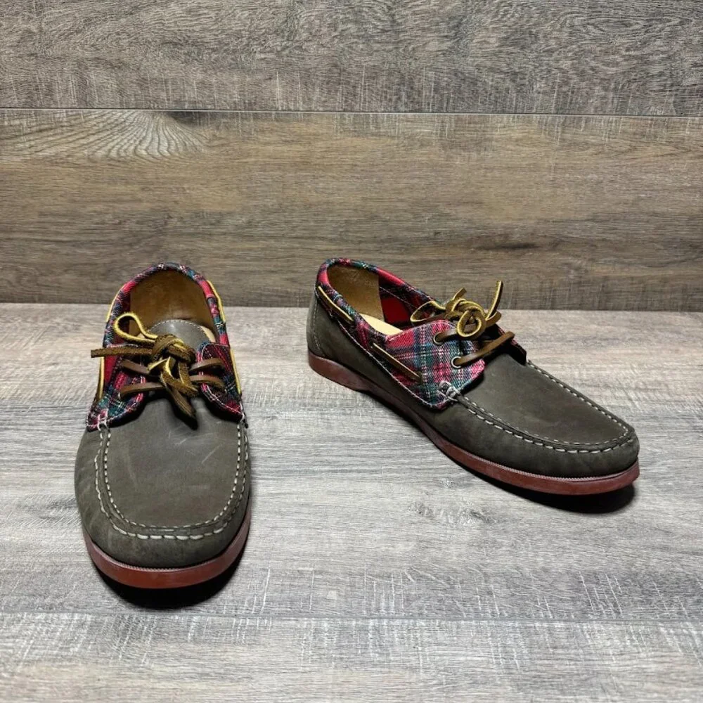 Jack Rogers Easton Brown Leather Plaid Boat Shoes Men's Size 8.5
